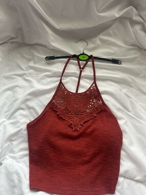 Mudd Lace-Trim Halter Crop Top in Wine Red